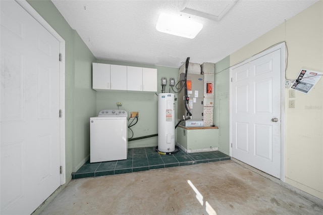 interior space featuring cabinets, a textured ceiling, water heater, washer / clothes dryer, and heating unit