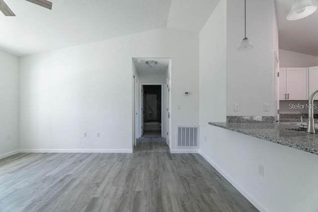 interior space featuring hardwood / wood-style flooring, ceiling fan, and vaulted ceiling