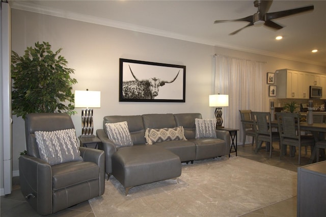 9871 SW 99th Loop, Ocala, FL 34481 - living area with a ceiling fan, light tile patterned floors, recessed lighting, and ornamental molding