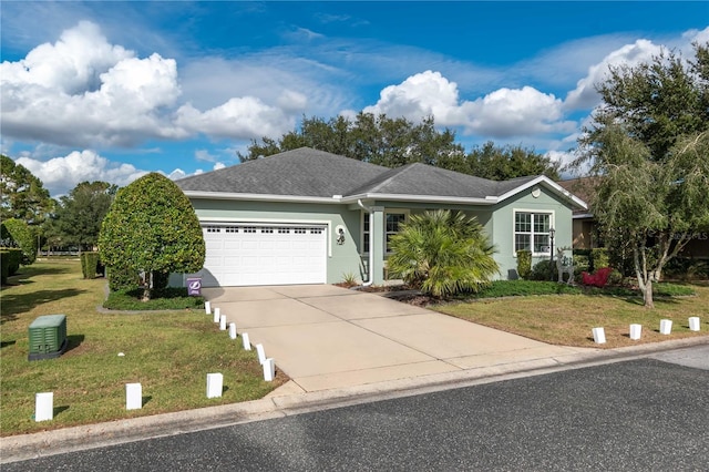 ranch-style home featuring a garage and a front yard