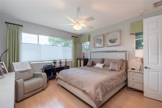 bedroom with ceiling fan and light wood-type flooring