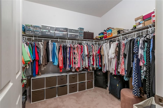 walk in closet with light carpet