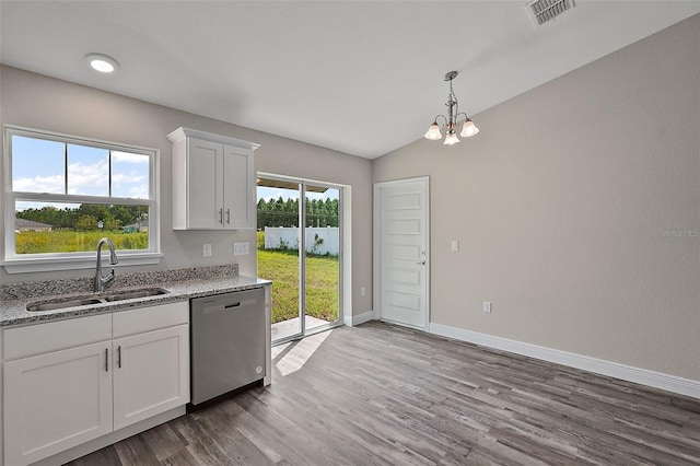 kitchen featuring white cabinetry, dishwasher, light stone countertops, sink, and an inviting chandelier