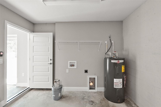 clothes washing area with electric water heater, hookup for a washing machine, and hookup for an electric dryer