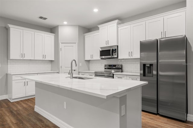 kitchen featuring appliances with stainless steel finishes, white cabinetry, a center island with sink, and sink