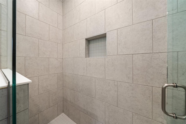 bathroom featuring a shower with shower door