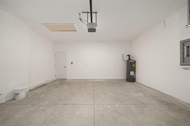 garage with electric panel, electric water heater, and a garage door opener