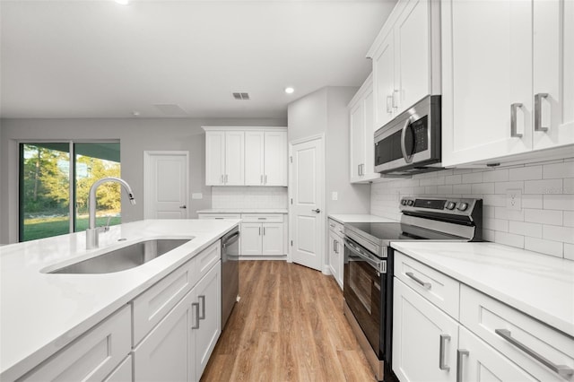 kitchen featuring sink, stainless steel appliances, white cabinetry, and decorative backsplash