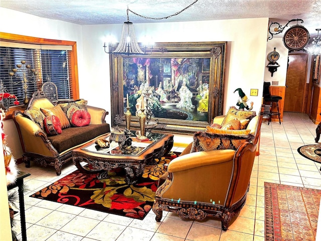 living room with light tile patterned flooring and a textured ceiling