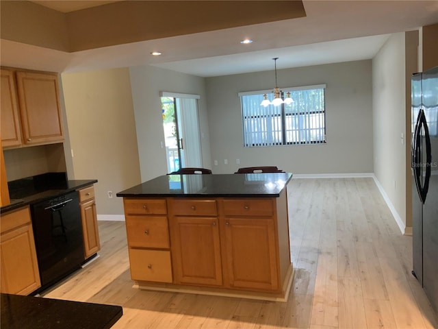 kitchen with an inviting chandelier, light hardwood / wood-style floors, black dishwasher, a kitchen island, and stainless steel fridge with ice dispenser