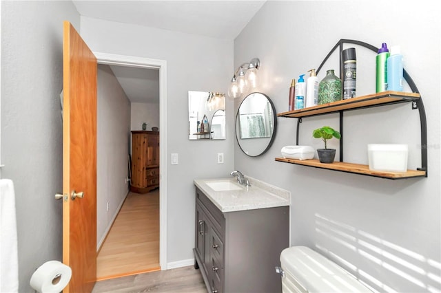 bathroom with vanity, hardwood / wood-style flooring, and toilet