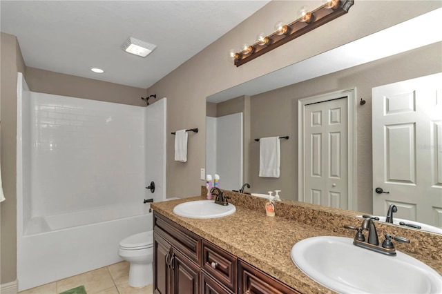 full bathroom featuring bathing tub / shower combination, tile patterned flooring, vanity, and toilet