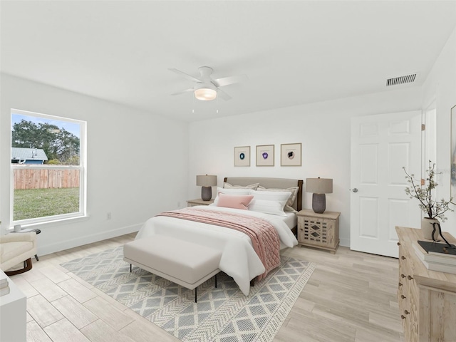 bedroom featuring ceiling fan and light hardwood / wood-style flooring