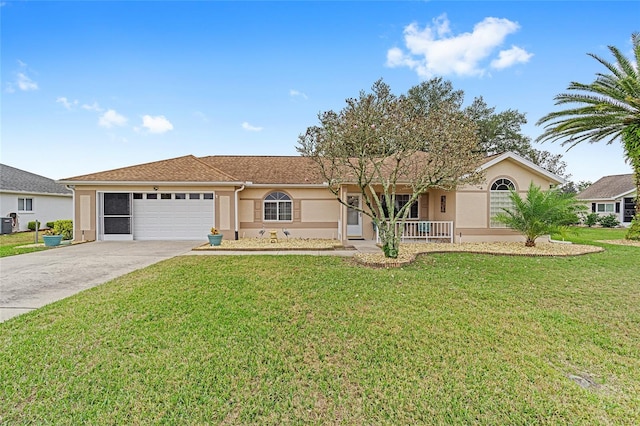 single story home with a garage, covered porch, and a front lawn