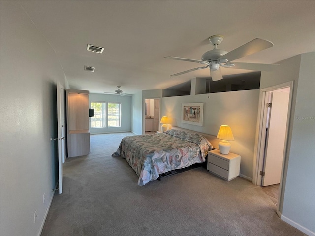 bedroom featuring ceiling fan, light colored carpet, and lofted ceiling