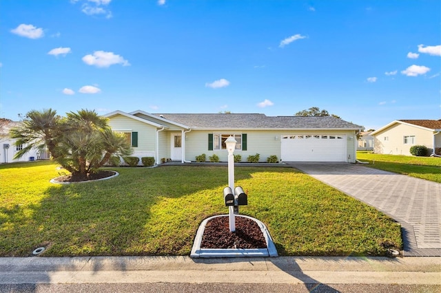 single story home with a front lawn and a garage