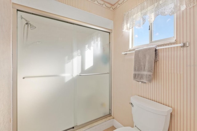 bathroom featuring a shower with shower door and toilet