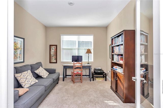 home office featuring light colored carpet