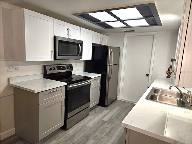 kitchen with sink, light hardwood / wood-style floors, light stone counters, white cabinetry, and stainless steel appliances