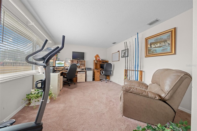 carpeted home office with a textured ceiling