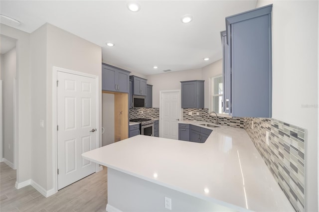 kitchen featuring kitchen peninsula, decorative backsplash, stainless steel appliances, sink, and light hardwood / wood-style flooring