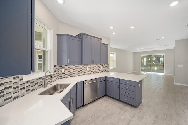 kitchen with backsplash, kitchen peninsula, sink, and stainless steel dishwasher