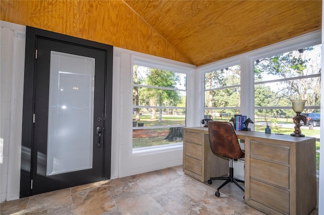 home office featuring wooden ceiling and vaulted ceiling