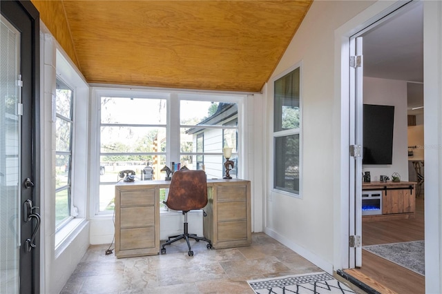 office area featuring wooden ceiling and vaulted ceiling