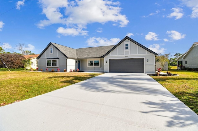 modern farmhouse style home featuring a garage and a front yard