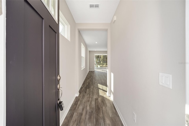 hallway featuring dark wood-type flooring