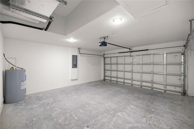 garage with electric panel, a garage door opener, and water heater