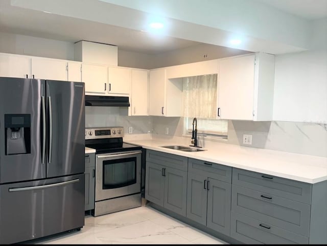 kitchen featuring appliances with stainless steel finishes, gray cabinets, sink, and white cabinets