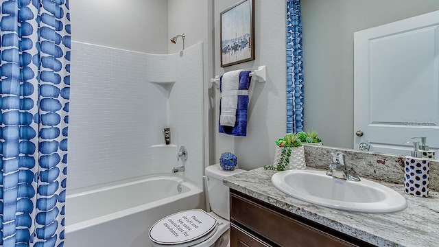 full bathroom with shower / bath combination with curtain, vanity, and toilet