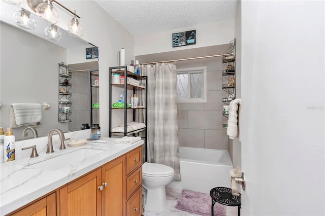 full bathroom with toilet, vanity, shower / bath combo, and a textured ceiling