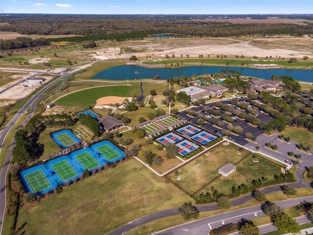 birds eye view of property featuring a water view