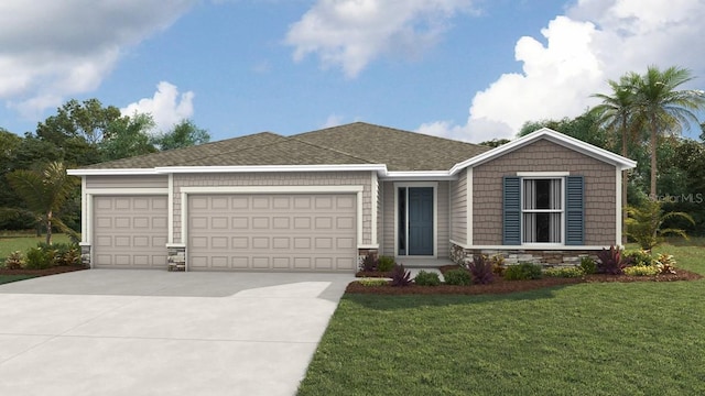 view of front of home with a shingled roof, a garage, stone siding, driveway, and a front lawn