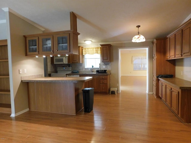 kitchen featuring sink, light hardwood / wood-style flooring, pendant lighting, white appliances, and ornamental molding