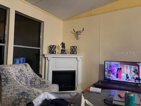 living room featuring lofted ceiling