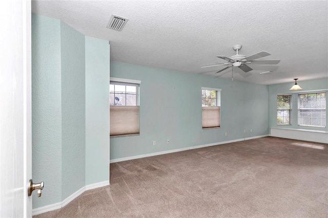 carpeted empty room featuring a textured ceiling, plenty of natural light, and ceiling fan