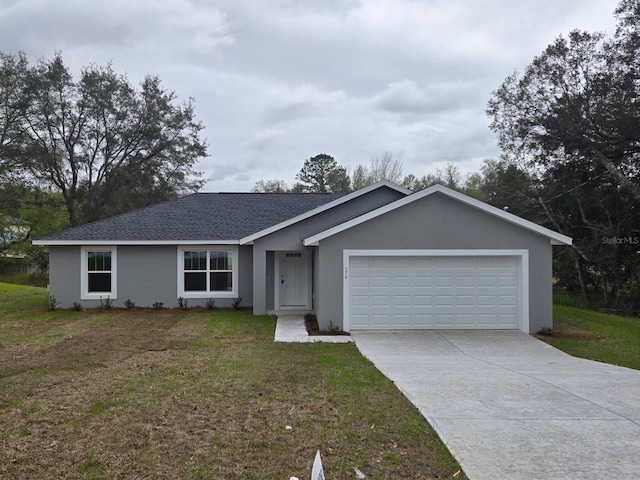 single story home featuring a garage, concrete driveway, a front lawn, and stucco siding