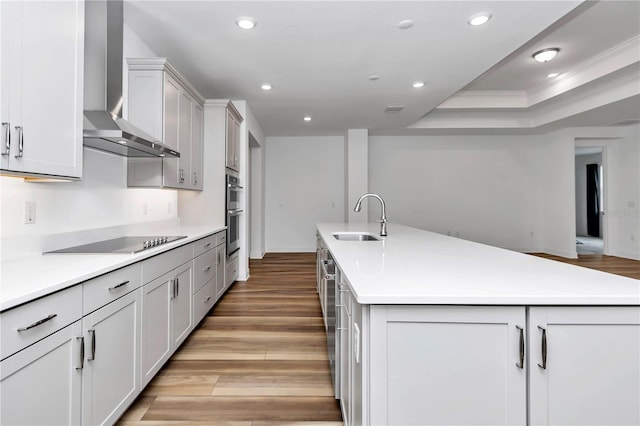 kitchen with black electric stovetop, wall chimney exhaust hood, a raised ceiling, sink, and a large island