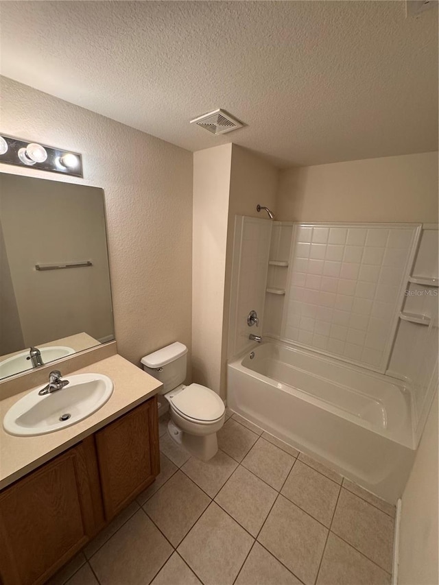 full bathroom with toilet, tile patterned floors, a textured ceiling, shower / bathtub combination, and vanity