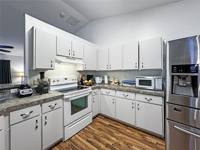 kitchen featuring white cabinetry, electric stove, stainless steel fridge with ice dispenser, and vaulted ceiling