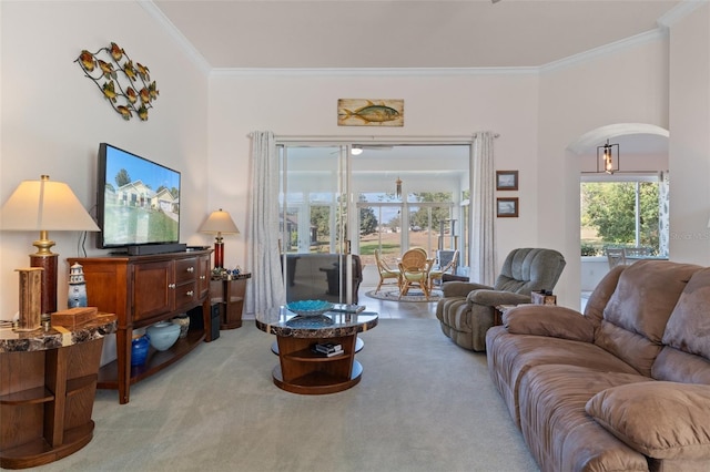 living room with crown molding and light carpet