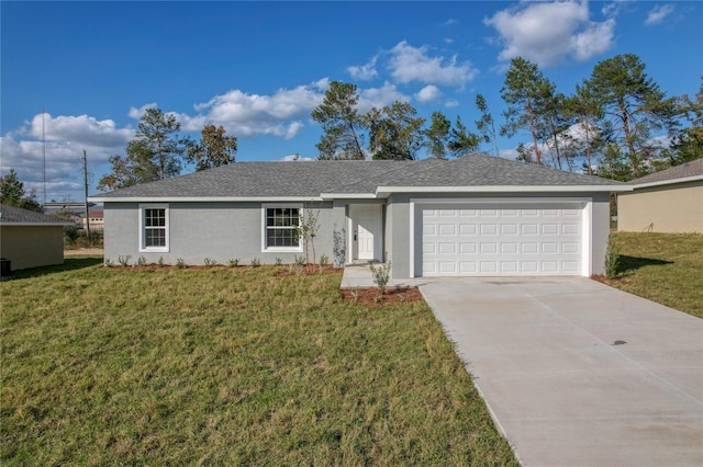 ranch-style home with central AC, a garage, and a front lawn