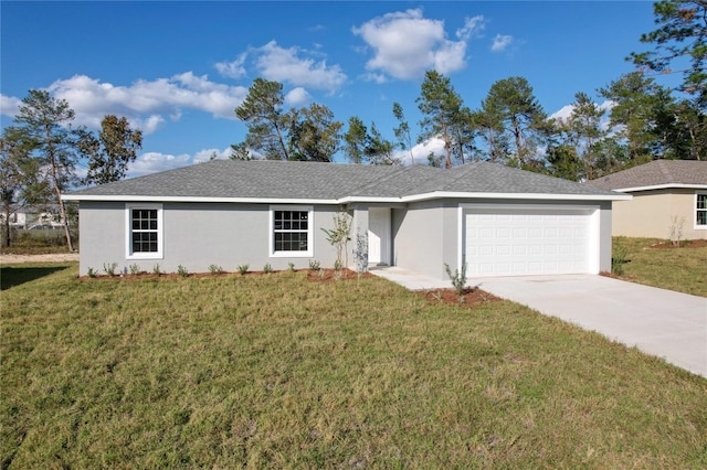 ranch-style home with a front lawn and a garage