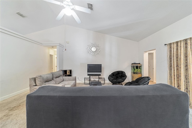 living room featuring ceiling fan, light colored carpet, and lofted ceiling