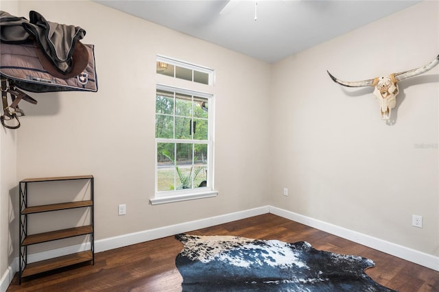 sitting room featuring dark wood-type flooring and ceiling fan