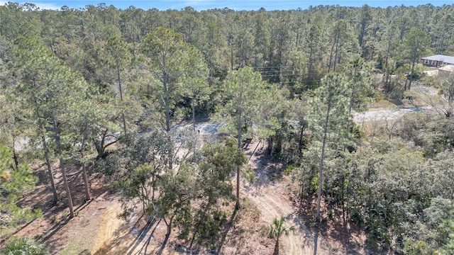 drone / aerial view with a wooded view