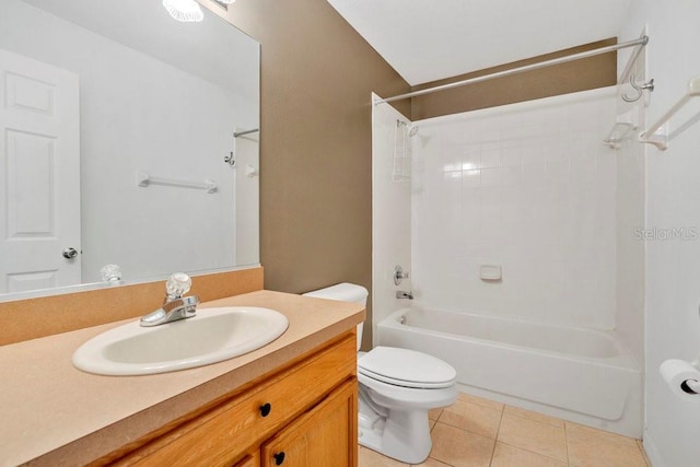 full bathroom with bathing tub / shower combination, tile patterned flooring, vanity, and toilet